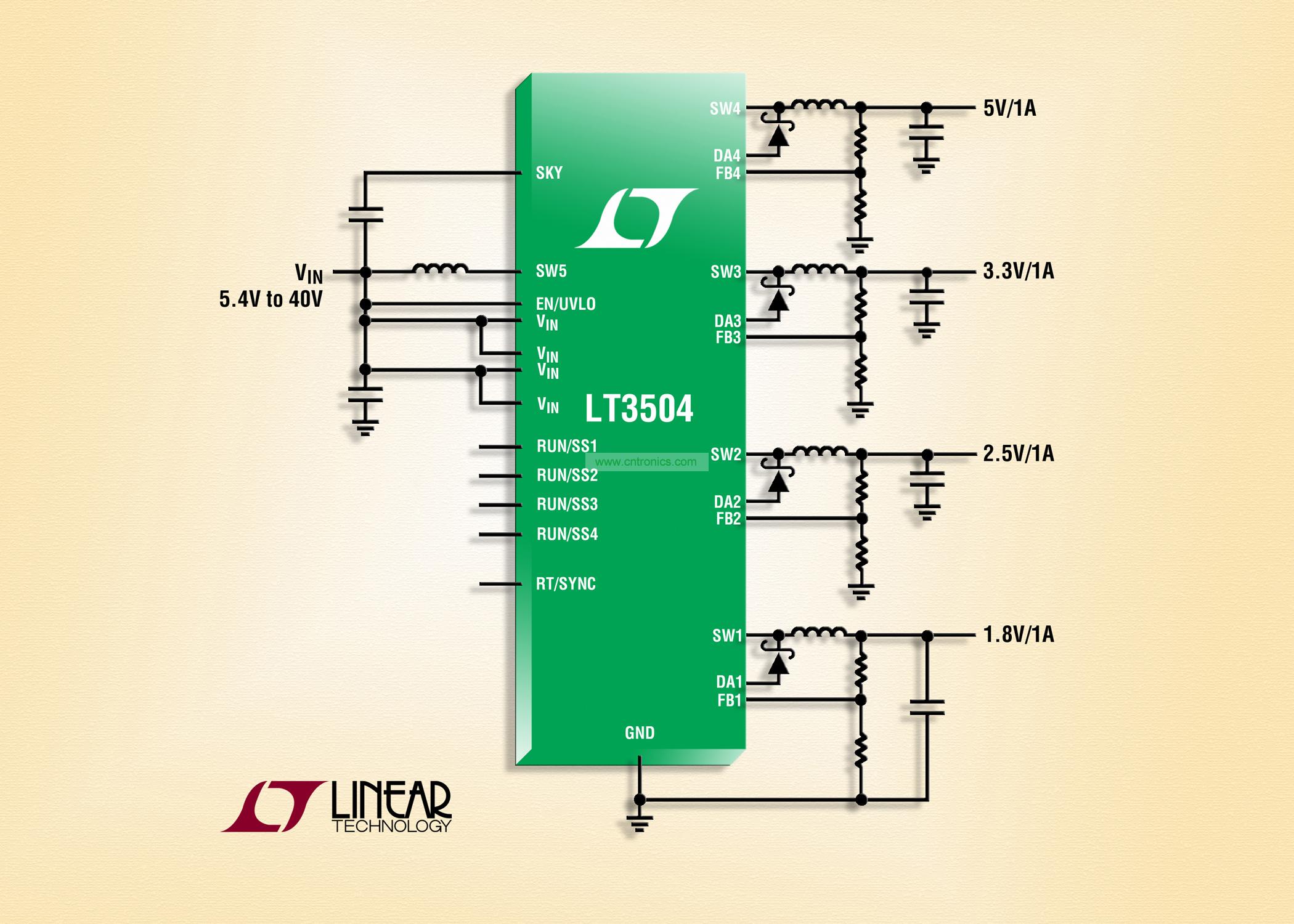 40V、4 通道 1A (IOUT)、2.2MHz 降壓型 DC/DC 轉(zhuǎn)換器