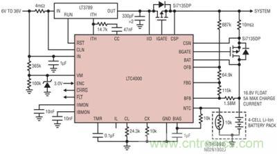 LTC4000 和 LTC3789：6V 至 36VIN、4 節(jié) 5A 鋰離子電池充電器