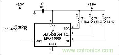 圖1：MAX44000典型電路，包括LED