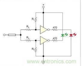 在雙門構(gòu)成的CMOS/TTL兼容探頭中，R1至R4電阻網(wǎng)絡(luò)對(duì)反相器輸入端做偏置