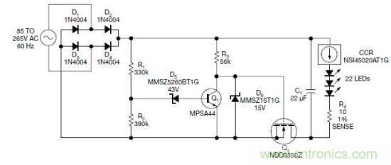 圖1：電路以恒流驅(qū)動(dòng)一串LED，可用于全世界的各種交流電壓