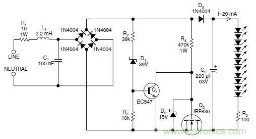 圖2：斬波工作類似圖1中的電路，但以較大的LED串聯(lián)電阻代替了恒流源，提供限流功能