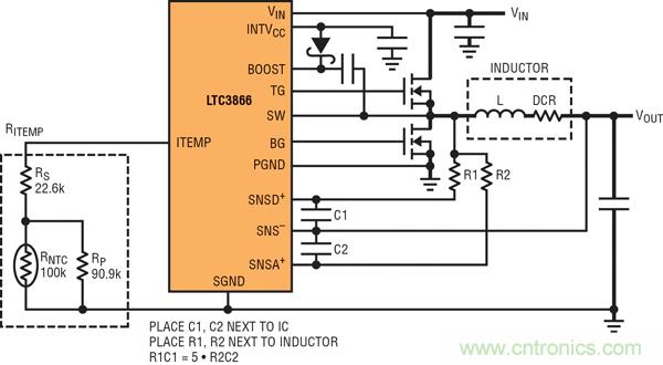 圖 1：具超低電感器 DCR 的 LTC3866 電流采樣電路。大電流通路用粗線顯示