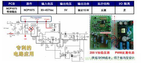基于NCP1075開關(guān)穩(wěn)壓器和200 V預(yù)穩(wěn)壓器的極寬電壓范圍15 W參考設(shè)計。