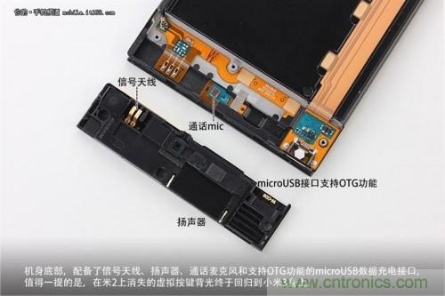 信號(hào)天線、揚(yáng)聲器、麥克風(fēng)以及支持OTG功能的Micro USB接口均位于底部