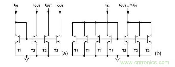 （a） 多級電流鏡 （b） 非整數(shù)比例電流鏡可將3個T2集電極結(jié)合起來，得到3IIN