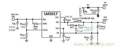 基于 LM5017 的 Fly-Buck 轉(zhuǎn)換器電路，沒有基于光耦合器的穩(wěn)壓電路