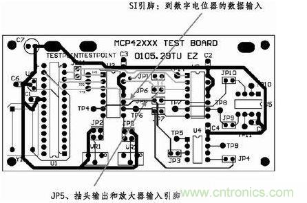 這是對(duì)圖2所示電路的第一次布線嘗試。此配置在模擬線路上產(chǎn)生不規(guī)律的噪聲，這是因?yàn)樵谔囟〝?shù)字走線上的數(shù)據(jù)輸入碼隨著數(shù)字電位器的編程需求而改變。