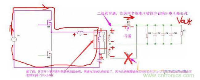 上管開通，注意諧振電感、勵磁電感、諧振電容的正負