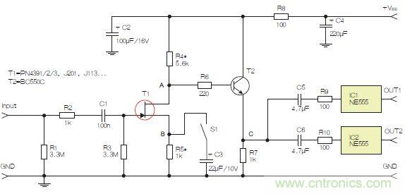 圖3：采用兩個工作在不同頻率下的555定時器電路，以獲取不同的音效。