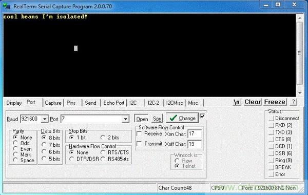  圖6：隔離型USB-to-UART轉(zhuǎn)換器的環(huán)回測試。