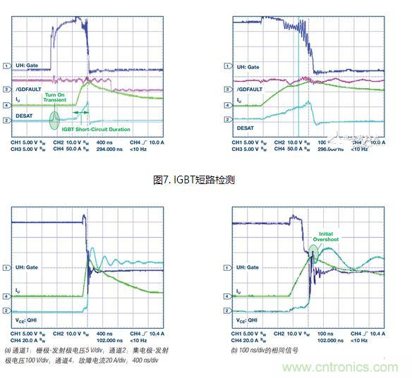 過流關(guān)斷時(shí)序延遲（通道1：柵極-發(fā)射極電壓10 V/div；通道2：來自 控制器的PWM信號(hào)5 V/div；通道3：低電平有效跳變信號(hào)5 V/div；100 ns/div）