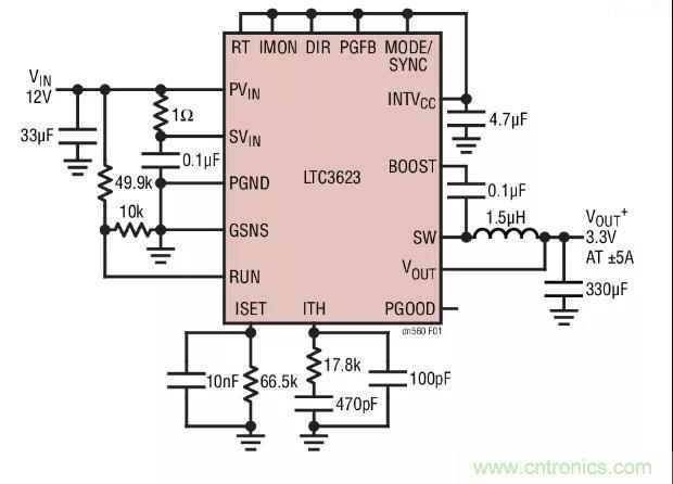 高效率、15V 軌至軌輸出同步降壓型穩(wěn)壓器能提供或吸收 5A
