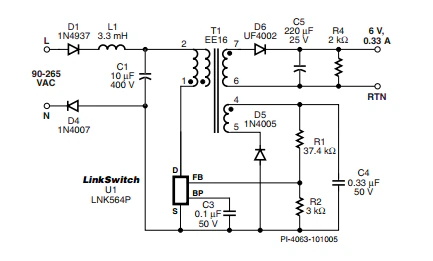 LinkSwitch-LP 系列旨在取代手機/無繩電話、PDA、數(shù)碼相機和便攜式音頻播放器等應用中輸出功率 < 2.5 W 的低效線頻線性變壓器電源。LinkSwitch-LP 還可用作白色家電等應用中的輔助電源。  LinkSwitch-LP 將高壓功率 MOSFET 開關與 ON/OFF 控制器集成在一個設備中。它完全由漏極引腳自供電，具有低 EMI 的抖動開關頻率，并且具有全面的故障保護。自動重啟可限制過載和輸出短路條件下的器件和電路耗散，而遲滯過溫保護會在熱故障期間禁用內部 MOSFET。EcoSmart 技術使設計能夠輕松實現(xiàn) < 150 mW 的空載功耗，滿足能源效率要求。  LinkSwitch-LP 的設計目的是在輸出功率低于 2.5 W 時無需初級側鉗位電路，從而顯著減少組件數(shù)量和總系統(tǒng)成本。圖 1 顯示了基于 LinkSwitch-LP 的 2 W 電源，不帶初級側鉗位。LinkSwitch-LP 系列經(jīng)過優(yōu)化，當變壓器上的輔助或偏置繞組提供反饋時，可提供近似的 CV/CC 輸出特性。這非常適合取代工頻變壓器的應用，提供兼容的輸出特性，但過載、短路電流和輸入線電壓變化較小。  　  在無鉗位設計中使用 LinkSwitch-LP 的基本電路原理圖。  快速開始  　 LinkSwitch-LP 反激式設計流程圖