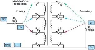   材料  ? ADALM2000主動學習模塊 ? 無焊試驗板和跳線套件 ? 一臺HPH1-1400L 6繞組變壓器 ? 一臺HPH1-0190L 6繞組變壓器 ? 兩個100 Ω電阻  說明  在無焊試驗板上構(gòu)建圖2所示的電路。需要使用此設置來測量初級/次級匝數(shù)比為1:1的三種不同配置下，兩個變壓器型號各自的頻率響應。兩個紅色箭頭表示在初級和次級使用同一個線圈的配置中連接源電阻和負載電阻的位置。藍色箭頭對應的是在初級和次級使用兩個串聯(lián)線圈的配置。綠色箭頭對應的是在初級和次級使用三個串聯(lián)線圈的配置。